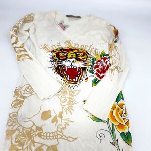 Pre-Owned Vintage Ed Hardy Tunic Sweater Y2K  SizeM White/Cream 100% Cotton